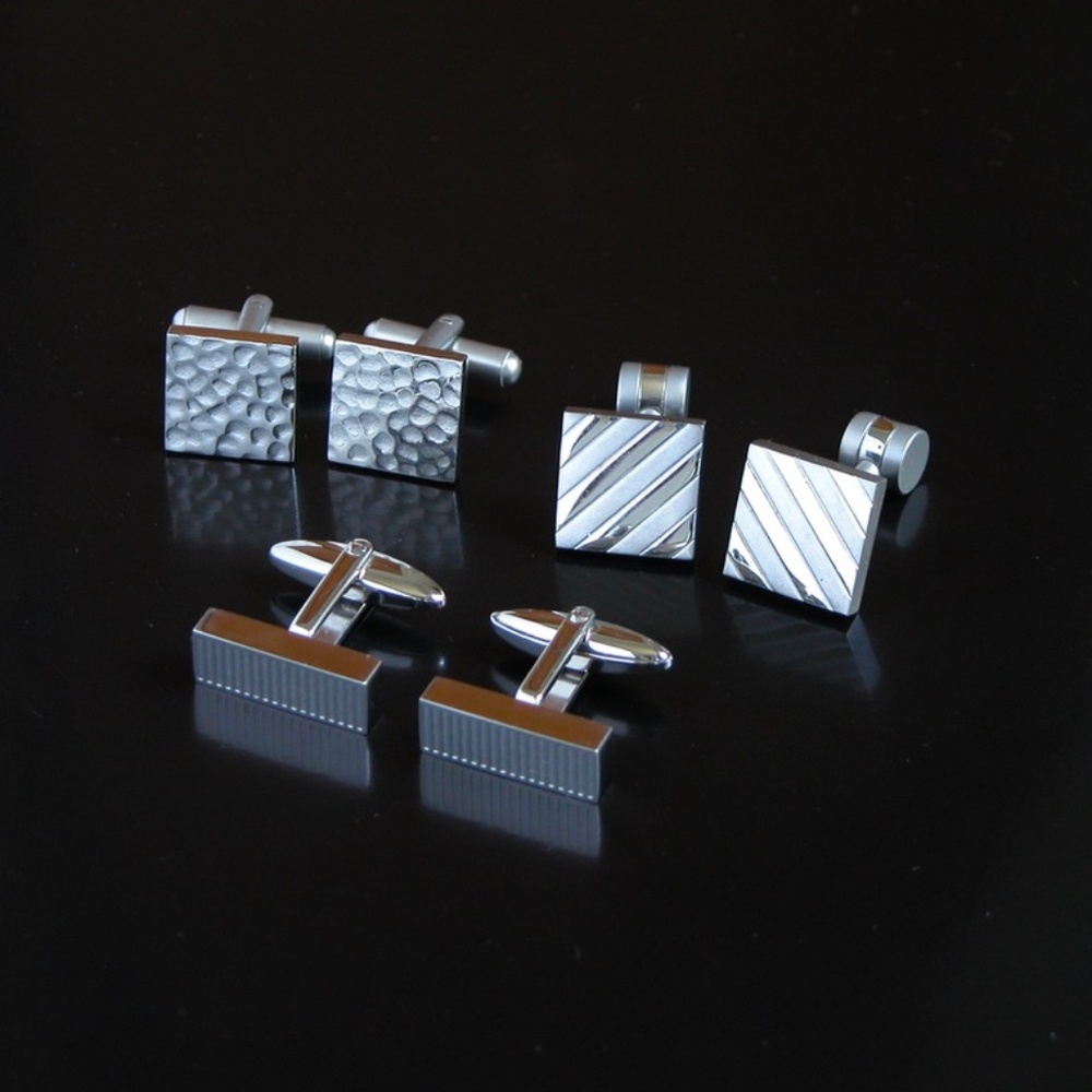 Three Pair Silver Tone & Stainless Cufflinks